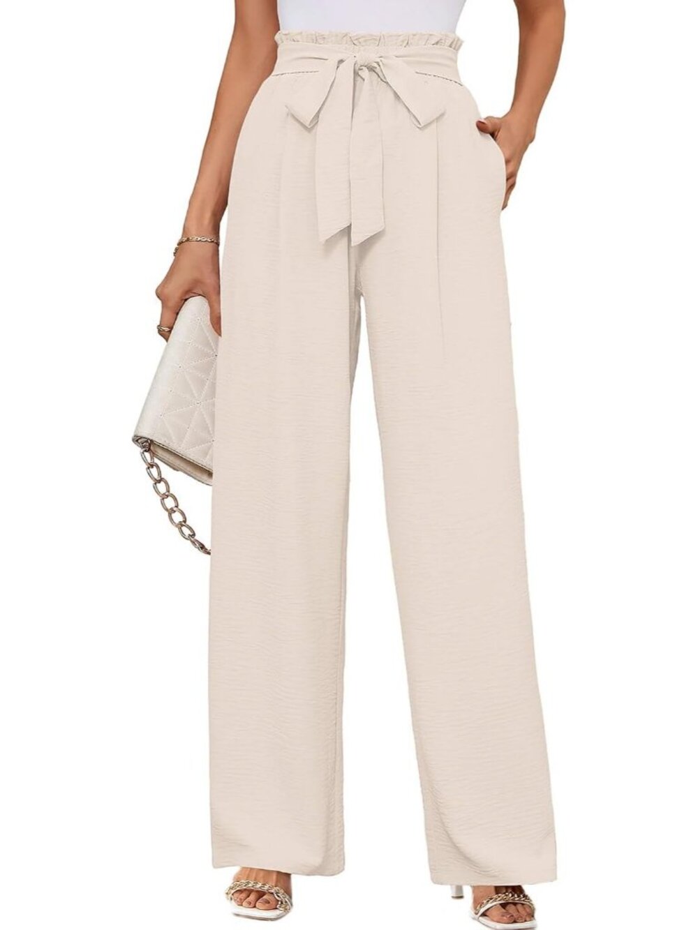 Women's Ivory Wide Leg Pant High Waisted Tie Knot Loose Comfy Casual Trouser
